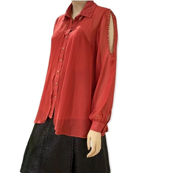 Rustic Orange Button Down Studded Cold Shoulder Double Placket Blouse - Picture 4 of 4